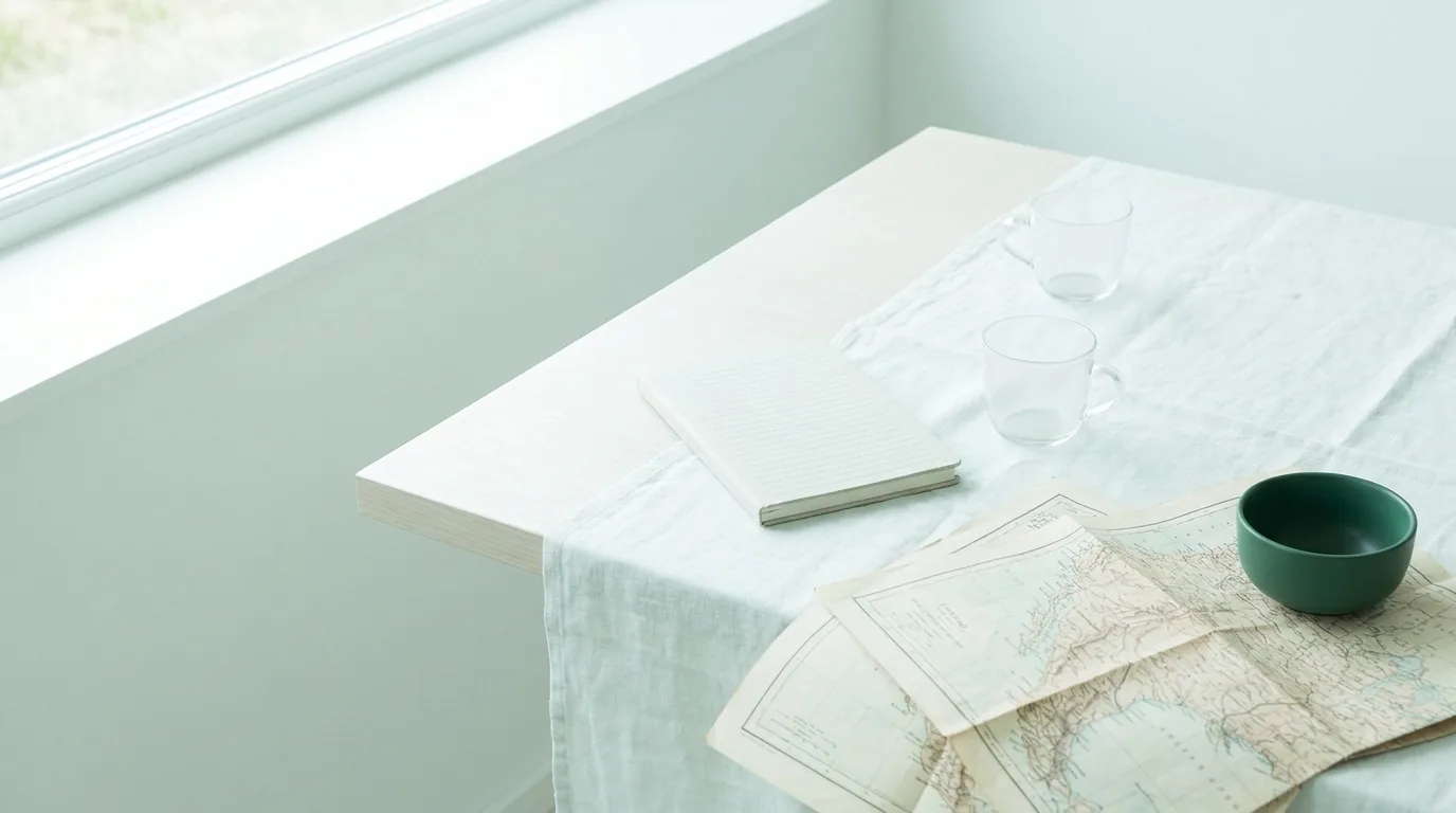 Duas xícaras claras e um caderno pautado fechado sobre a toalha de linho, com o mapa de papel aberto pela metade na borda da mesa e uma tigela verde escura ao lado, luz difusa da manhã