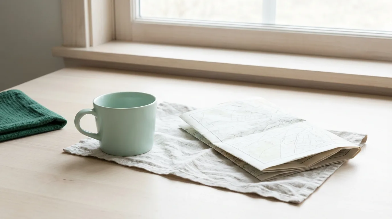 Xícara de café clara ao lado de um mapa de papel dobrado sobre toalha de linho, mesa de cozinha em luz difusa da manhã e um pano de prato verde escuro dobrado no canto